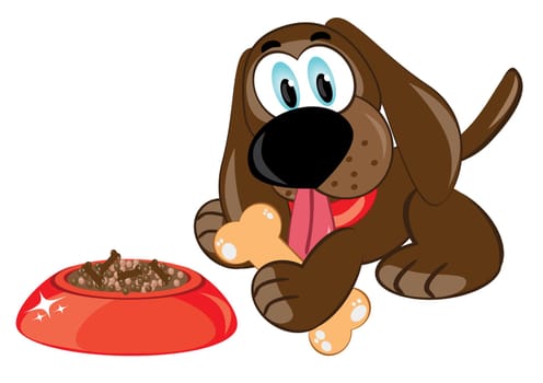 Illustration of a cartoon dog with a bone and bowl