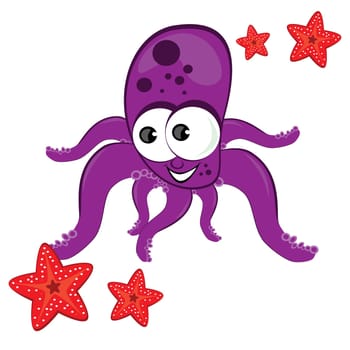 Cartoon illustration of octopus with starfish Isolated on white