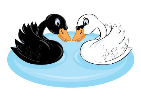 Two cartoon swans of black and white color