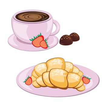Breakfast of coffee in round mug and croissant