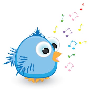 Cartoon blue sparrow singing. Illustration on white background