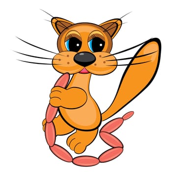 Cartoon happy cat with sausages. Illustration on white background