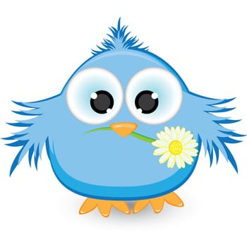 Blue sparrow with a flower in its beak. Illustration on white background