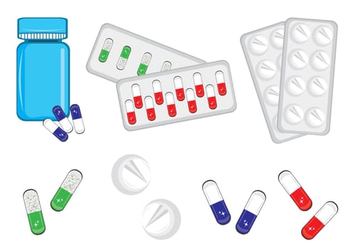 Different medical bottles and tablets isolated on white
