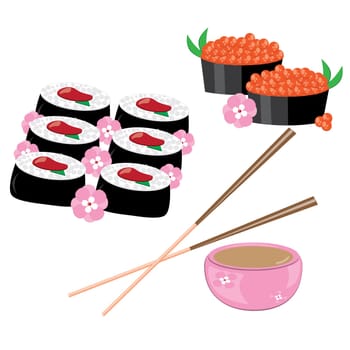 Japanese rolls, chopsticks on a white background