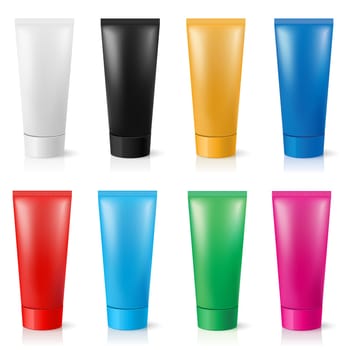 Realistic tubes for cream of different colors. Illustration on white background