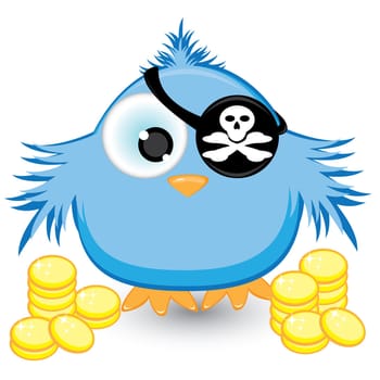 Cartoon pirate sparrow with gold coins. Illustration on white background