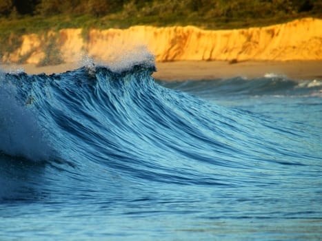 A wave breaking with the beach in the background