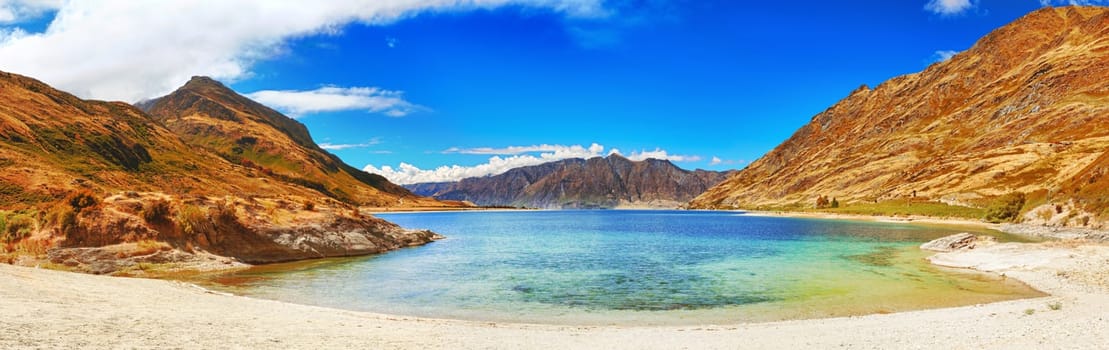 Panorama of lake Hawea. New Zealand
