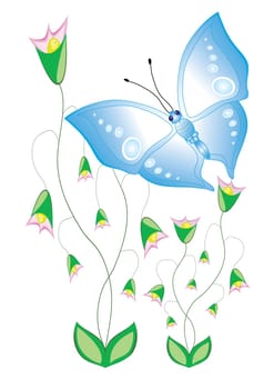 Funny cartoon tropical butterfly with flowers. Beautiful vector illustration