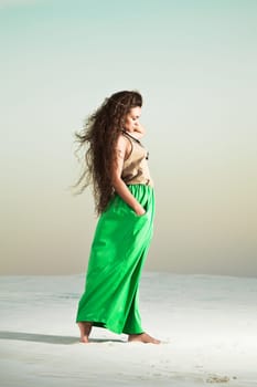 Beautiful woman with long hair in desert