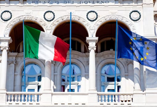 Italian and EU Flags on a balcony in Trieste