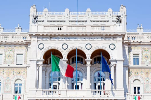 Italian and EU Flags on a balcony in Trieste