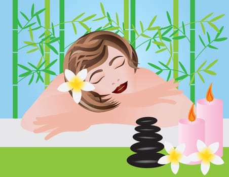 Woman Relaxing in Spa with Candles Black Stones and Frangipani Flowers Illustration