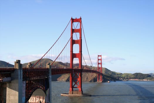 Golden Gate Bridge in front of blue sky in landscape mode