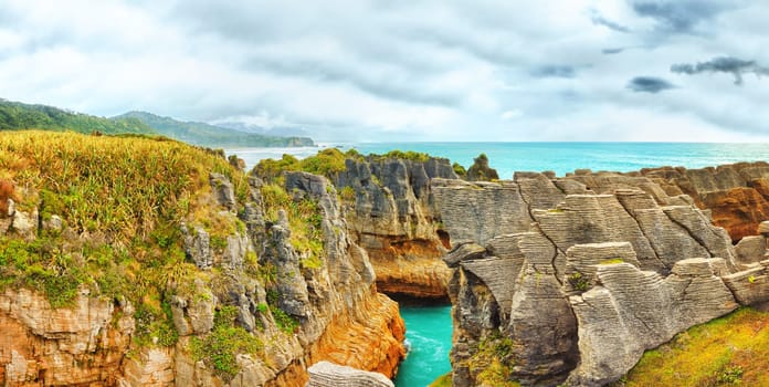 Punakaki Pancake Rocks in Paparoa National Park. Panorama
