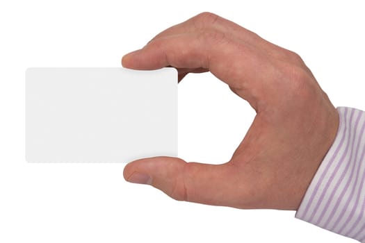 hand with white blank card. isolated on white