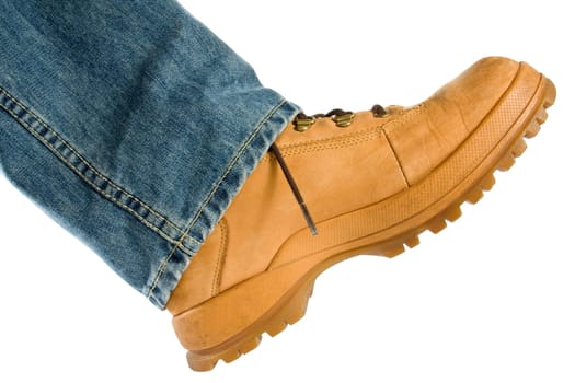 Male foot in brown shoe walking on white background