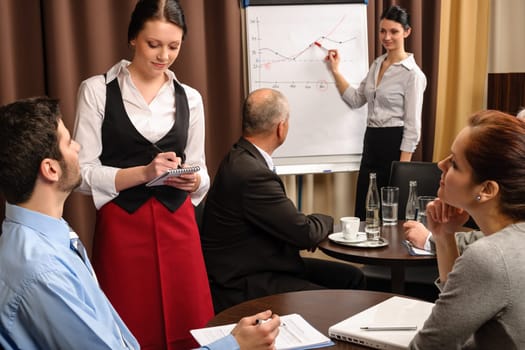 Waitress take order people at business meeting flipchart presentation