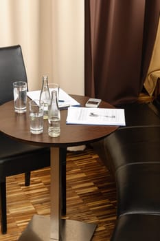 Business desk with report and refreshment sales meeting