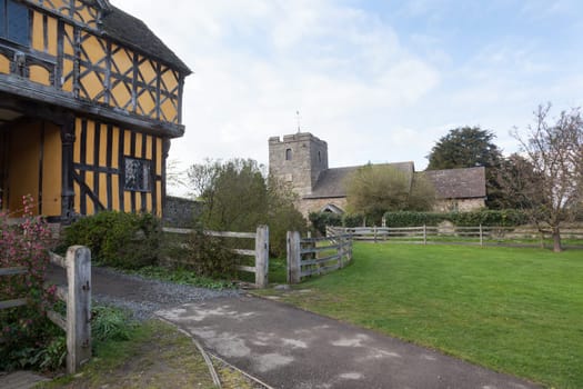 Parish church by gatehouse to Stokesay castle in Shropshire