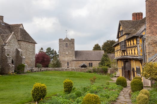 Gatehouse entrance to Stokesay castle on a dark cloudy day