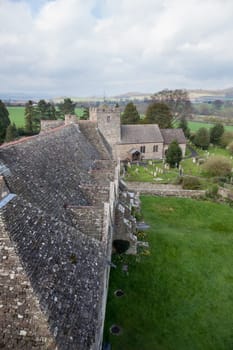 Roof of Stokesay castle leading to church and graveyard and cemetery