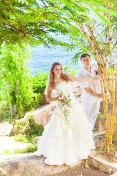 Bride and groom on the beach. Tropical wedding