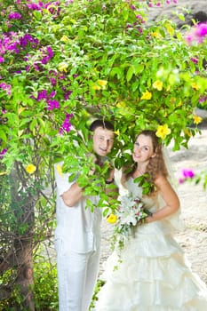 Bride and groom in a tropical garden