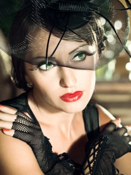 Fashion woman retro portrait in a restaurant