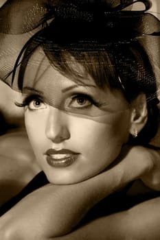 Fashion woman retro portrait in a restaurant