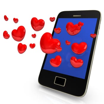 Smartphone with red hearts on the white background.