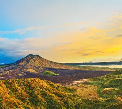 View of the lake and violcano Batur. Bali