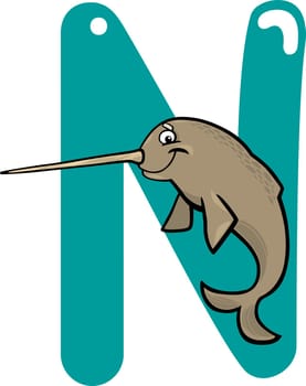 cartoon illustration of N letter for narwhal
