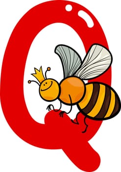 cartoon illustration of Q letter for queen bee