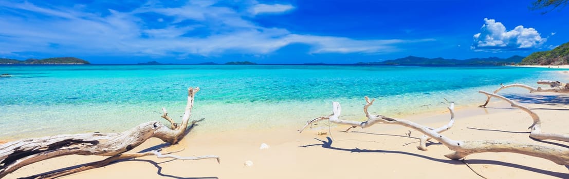 Tropical sandy beach Malcapuya at summer sunny day
