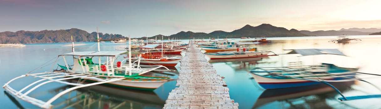 Panorama of the wooden pier in Coron