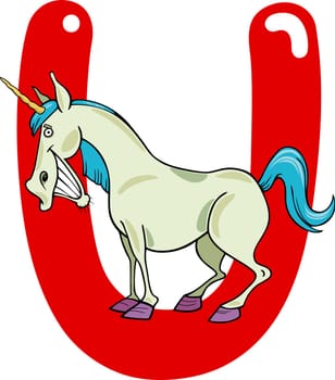 cartoon illustration of U letter for unicorn