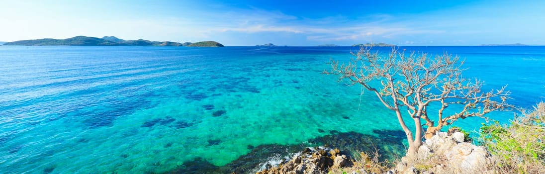 Panorama of the tropical lagoon at summer sunny day