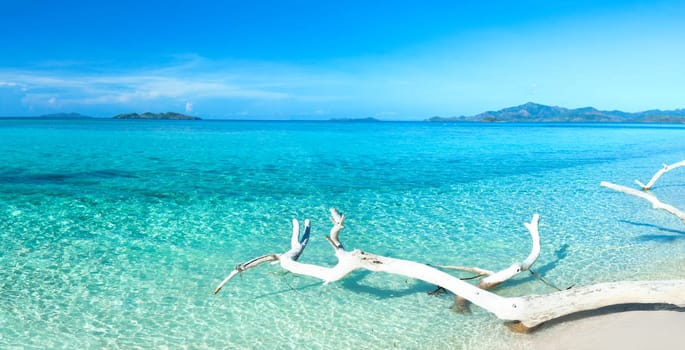 Tropical beach Malcapuya at summer sunny day. Panorama
