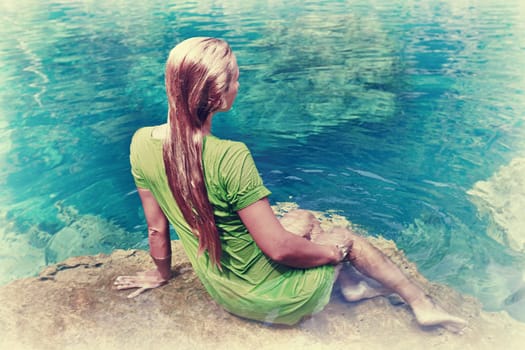 Retro style image of woman like mermaid