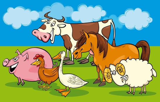 Cartoon illustration of funny farm animals group