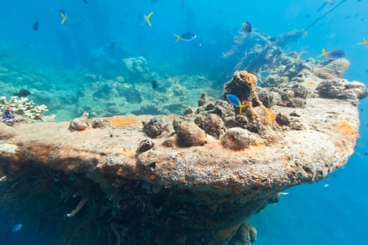 Shipwreck underwater. Sunken gunboat at Lusong Island