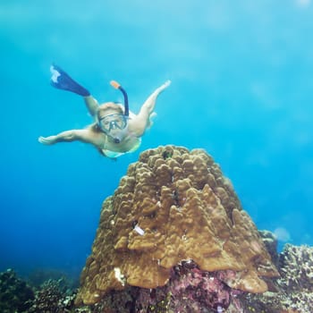 Beautiful woman diver swimming among the coral reef