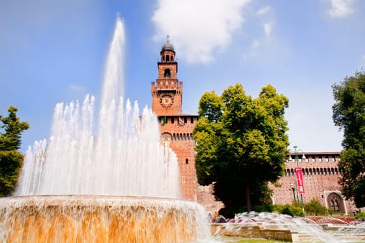 Fountain next to the Sforzesco castle in Milan, Italy
