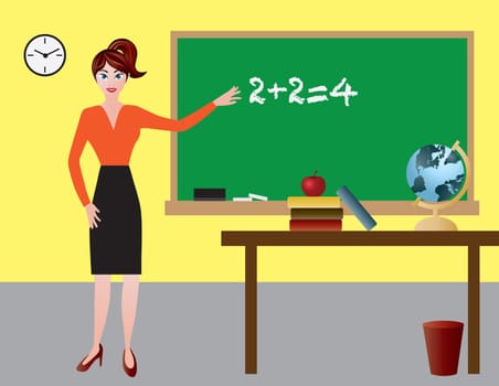 Female Teacher in Classroom with Chalkboard Desk Apple Books and Globe Illustration