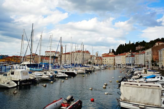 View of boats in the Piran harbor Slovenia