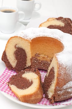 Traditional Homemade Marble Cake - Gugelhupf and Cup of Espresso Coffee