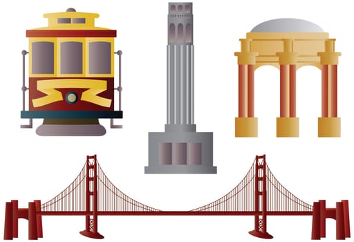 San Francisco Golden Gate Bridge Trolley Coit Tower and Palace of Fine Arts Illustration