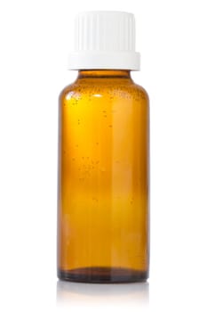 Bottle of syrup medication on white background
